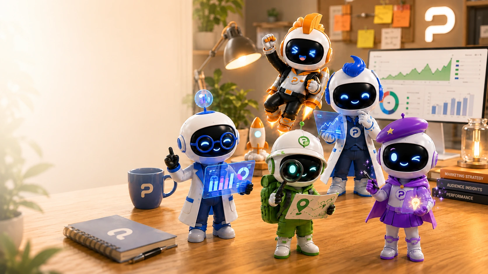 The five Pultra AI growth agents gathered around a desk.