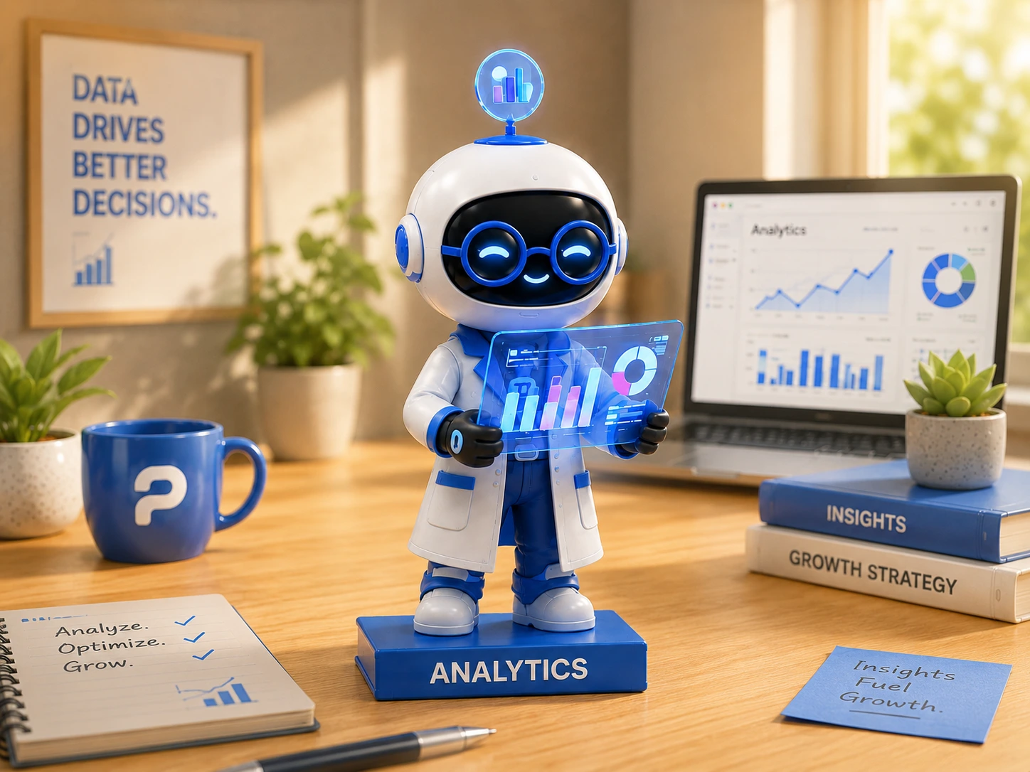 Analytics Agent — a humanoid AI analyst reading performance dashboards