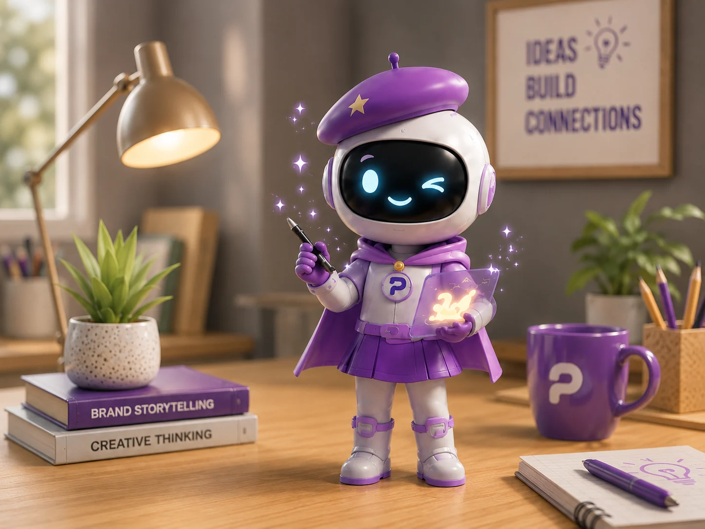 Content Agent — a humanoid AI creator composing content on a tablet