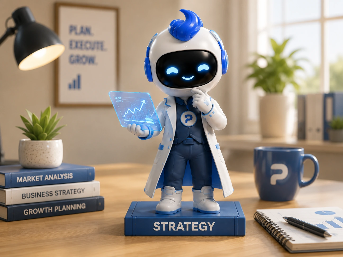 Strategy Agent — a humanoid AI analyst reviewing market intelligence